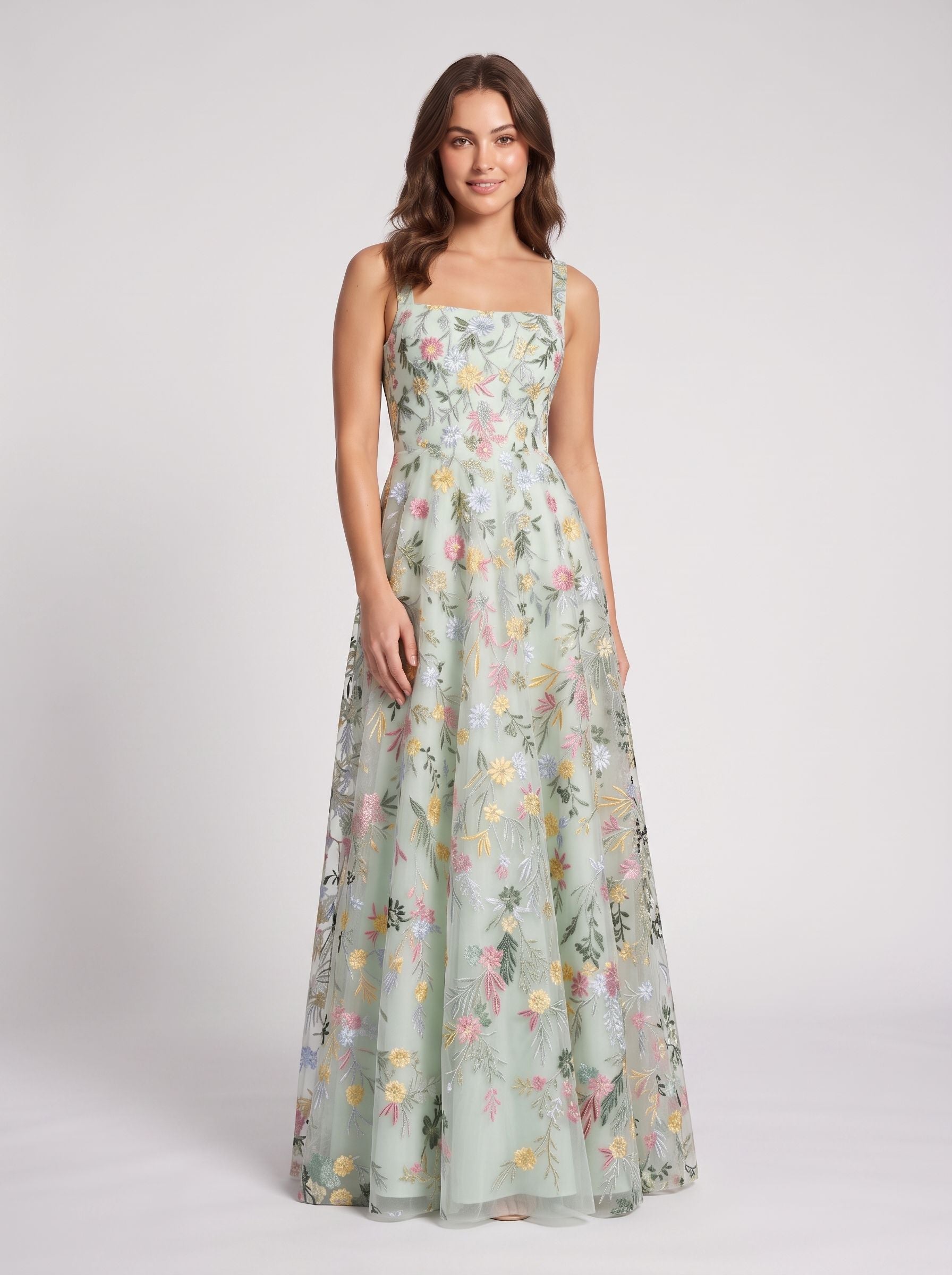 Blushing Pink Tulle A-Line Square Neck Zipper Back Floor Length Dress - Jimiss