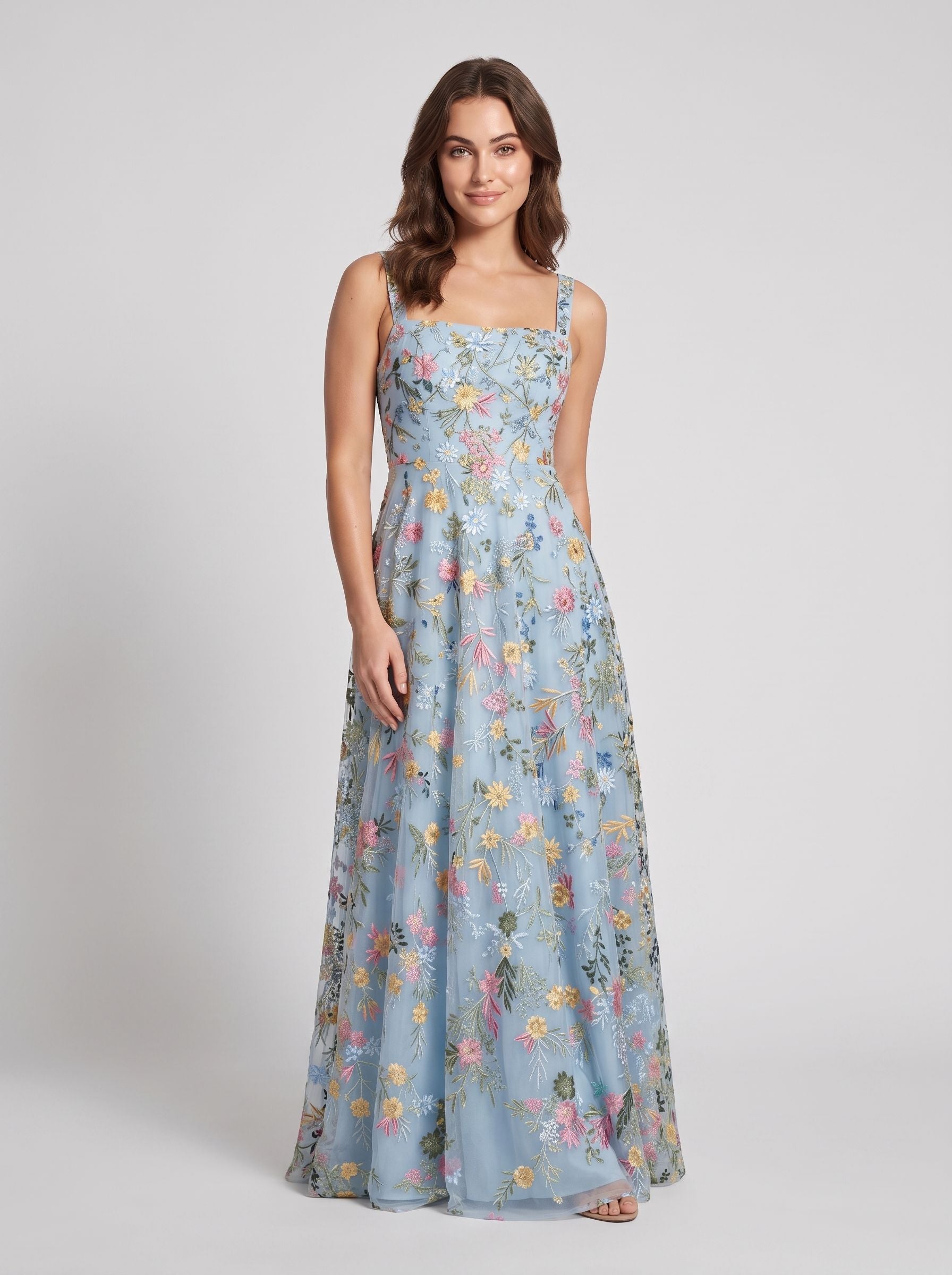 Blushing Pink Tulle A-Line Square Neck Zipper Back Floor Length Dress - Jimiss