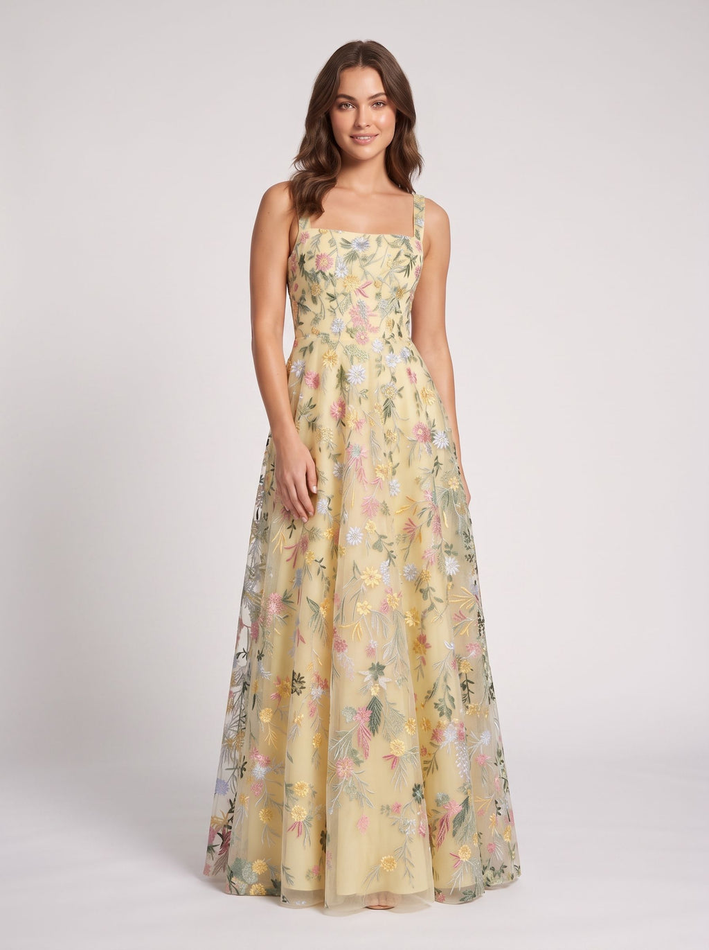 Blushing Pink Tulle A-Line Square Neck Zipper Back Floor Length Dress - Jimiss