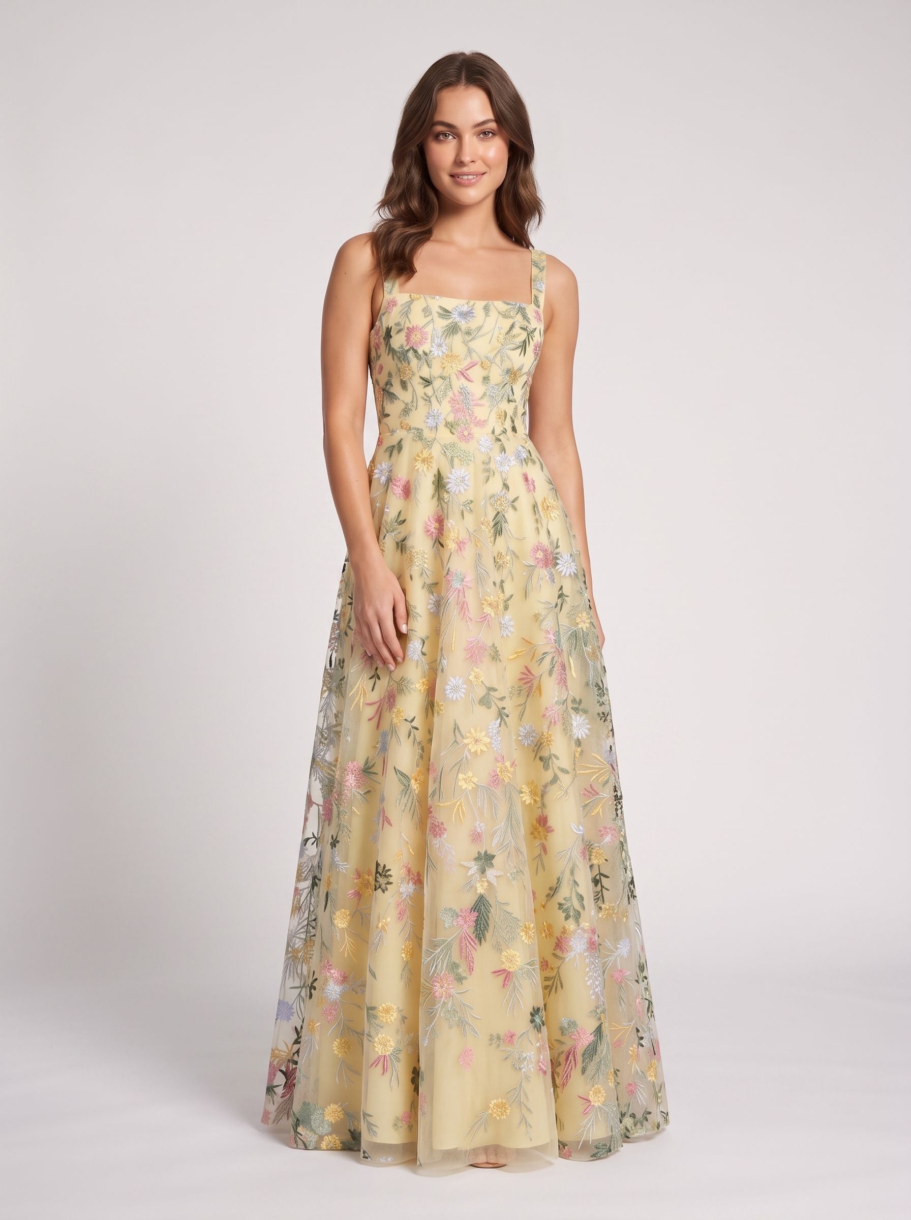 Blushing Pink Tulle A-Line Square Neck Zipper Back Floor Length Dress - Jimiss
