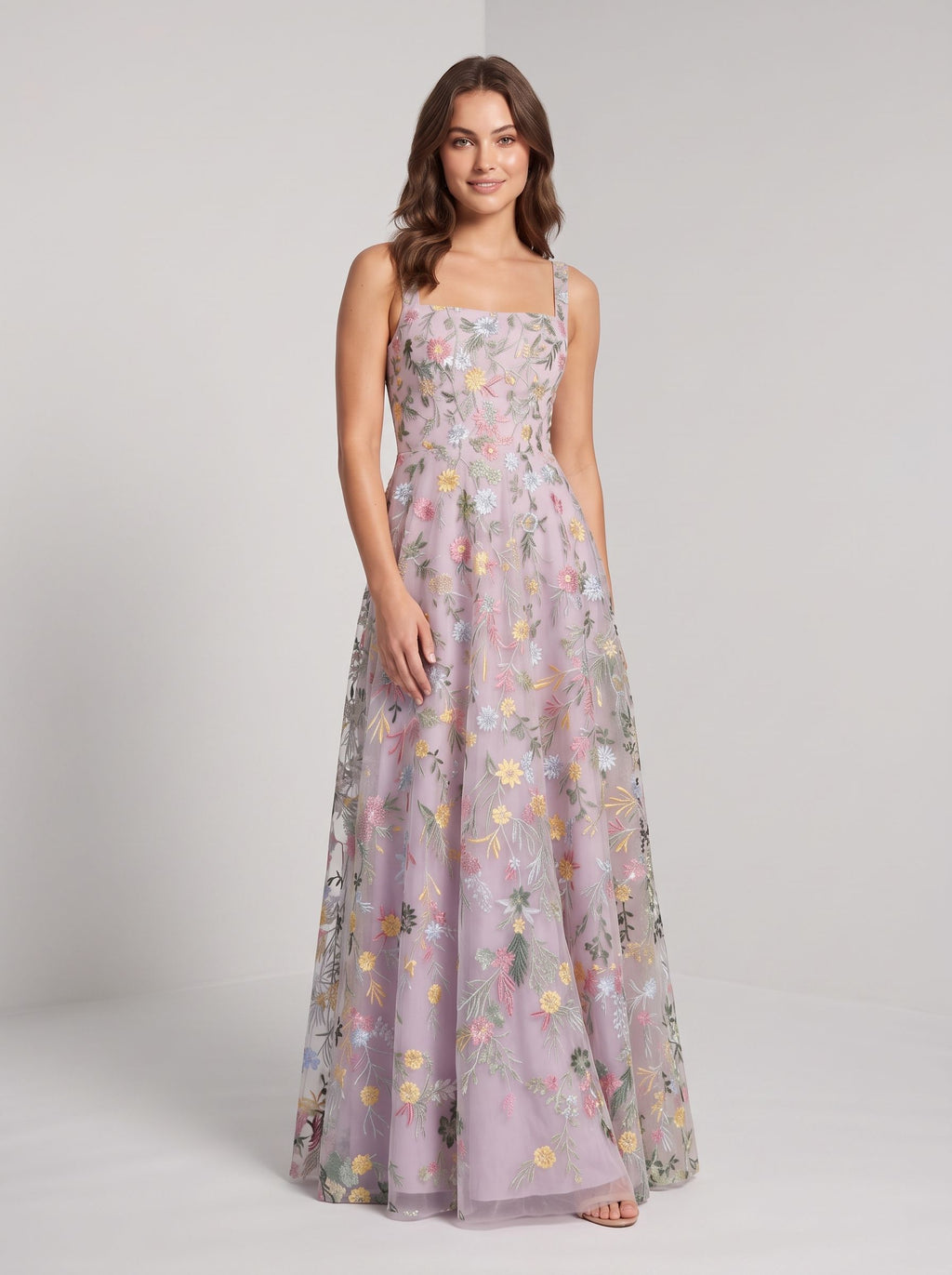Blushing Pink Tulle A-Line Square Neck Zipper Back Floor Length Dress - Jimiss