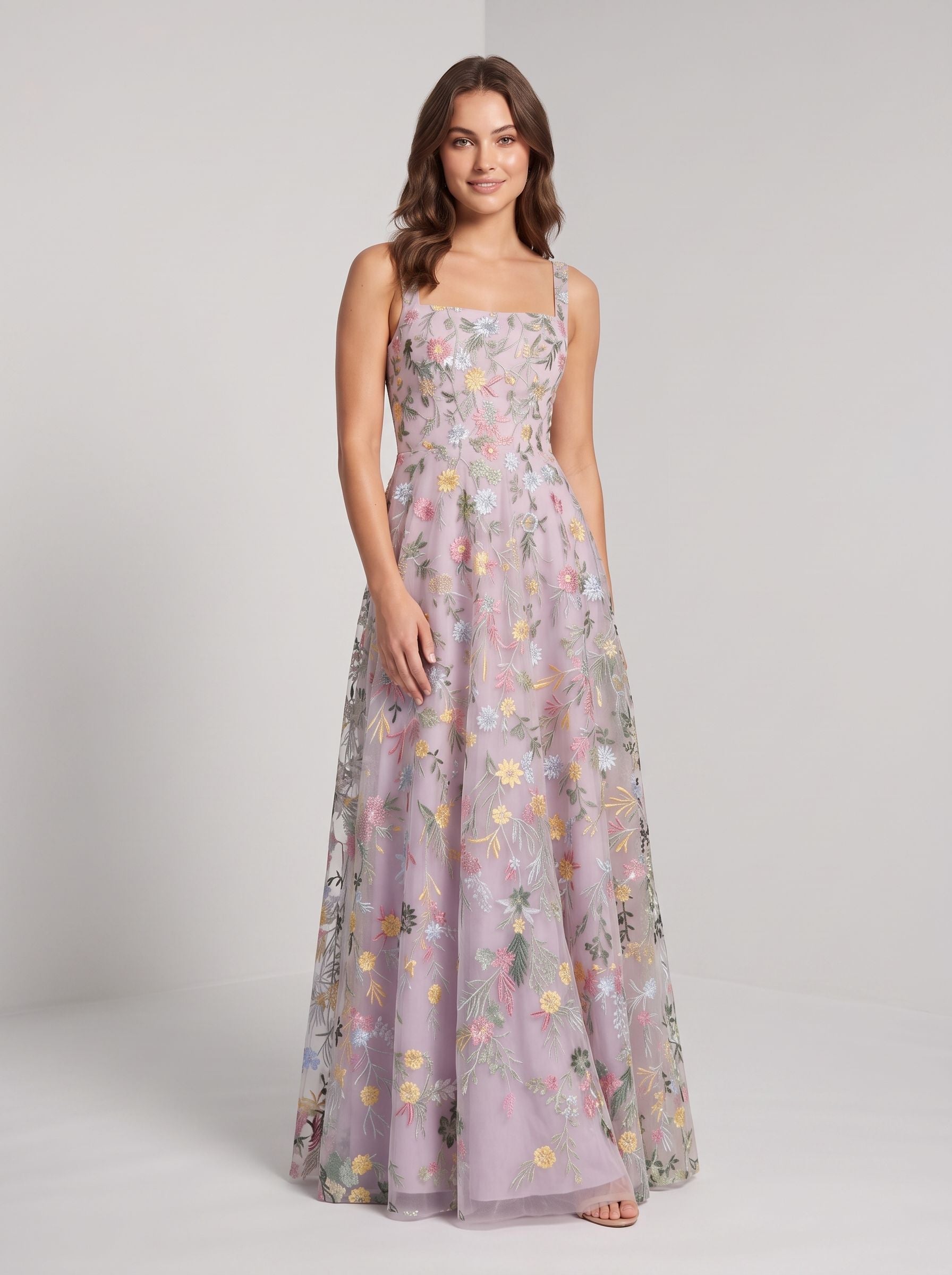 Blushing Pink Tulle A-Line Square Neck Zipper Back Floor Length Dress - Jimiss