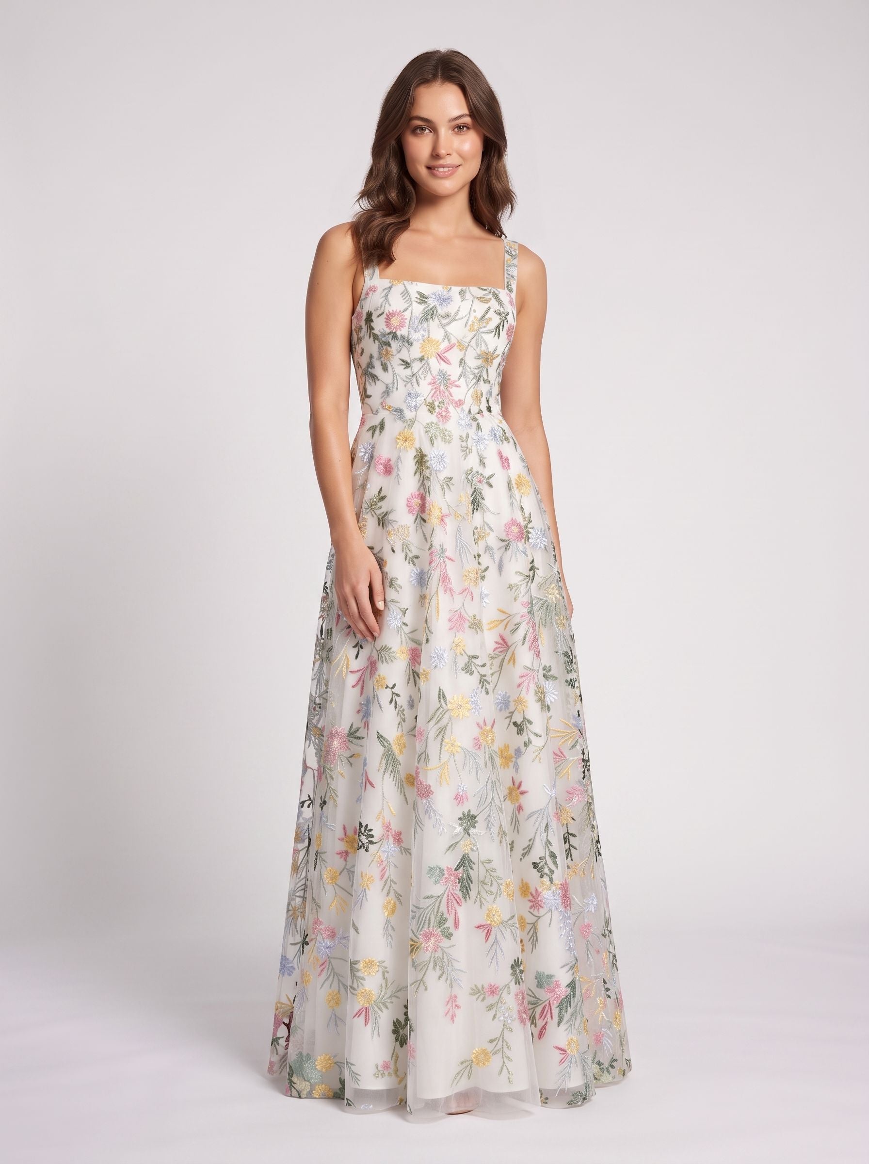 Blushing Pink Tulle A-Line Square Neck Zipper Back Floor Length Dress - Jimiss