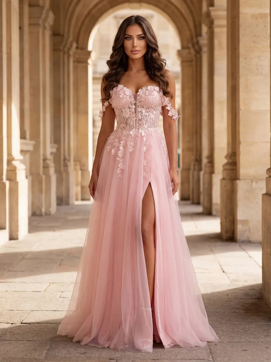 Blushing Pink Tulle A-Line Sweetheart Lace-up Floor-Length Dress - Jimiss