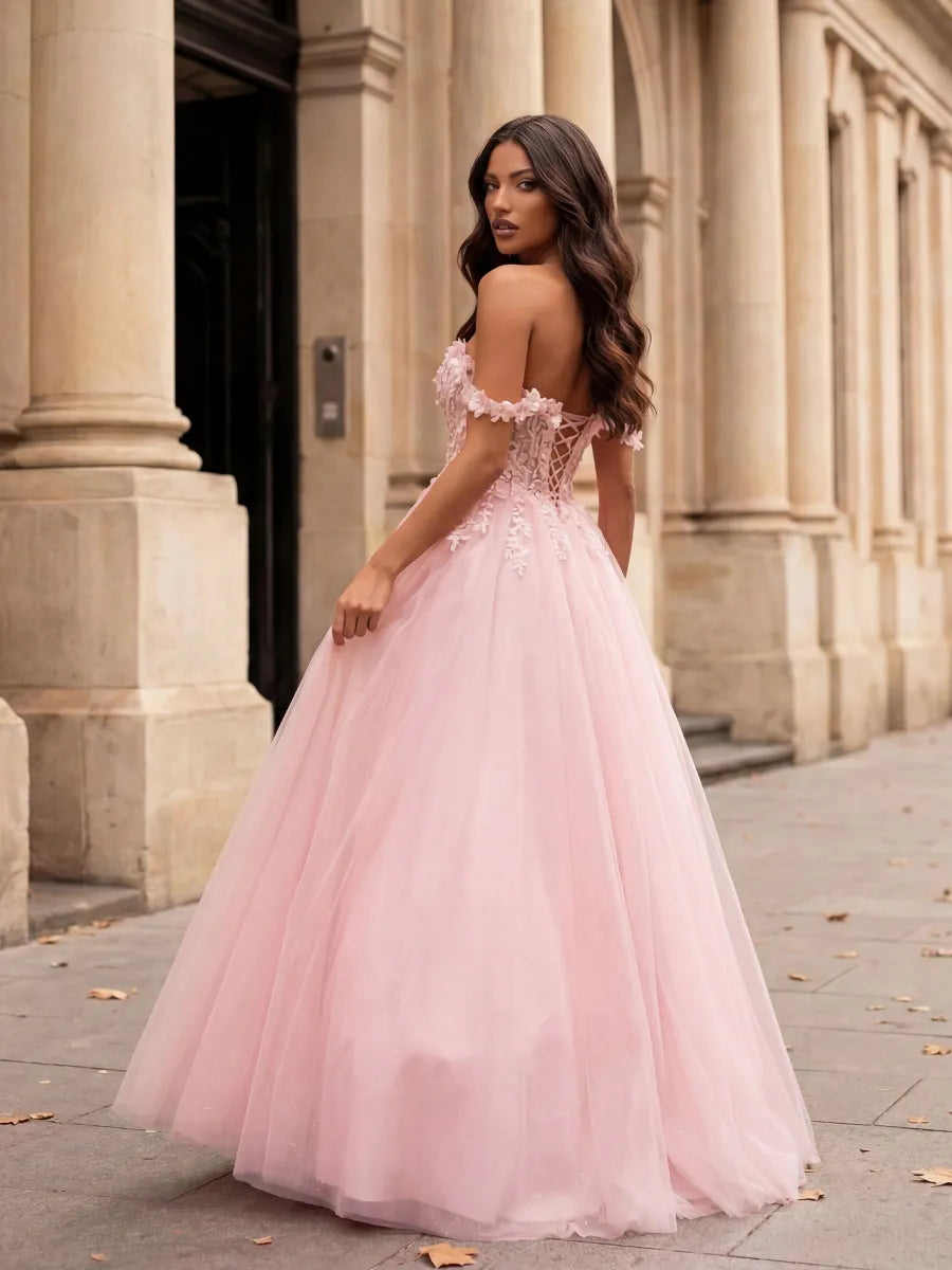 Blushing Pink Tulle A-Line Sweetheart Lace-up Floor-Length Dress - Jimiss