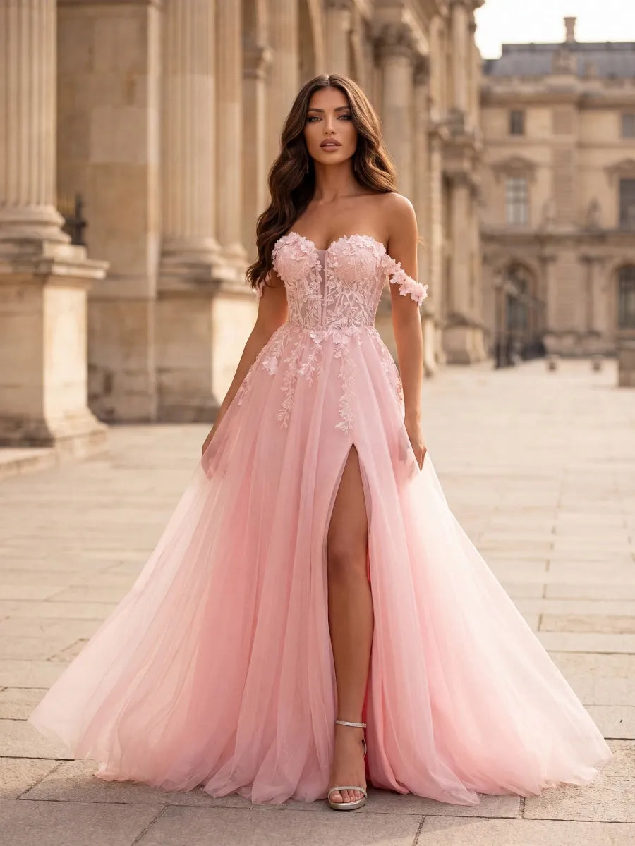 Blushing Pink Tulle A-Line Sweetheart Lace-up Floor-Length Dress - Jimiss