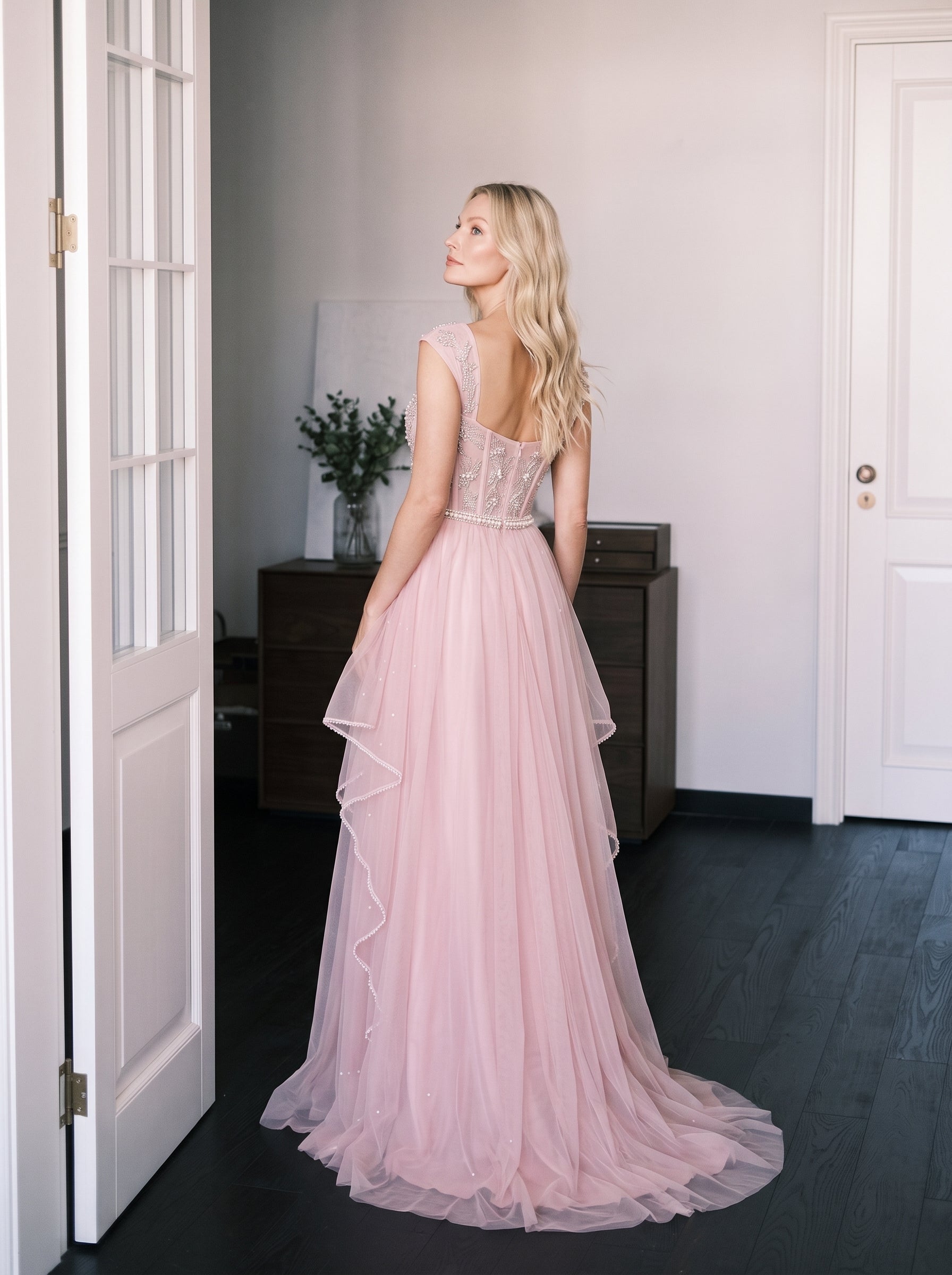 Blushing Pink Tulle A-Line Sweetheart Zipper Back Floor-Length Dress Back View - Jimiss