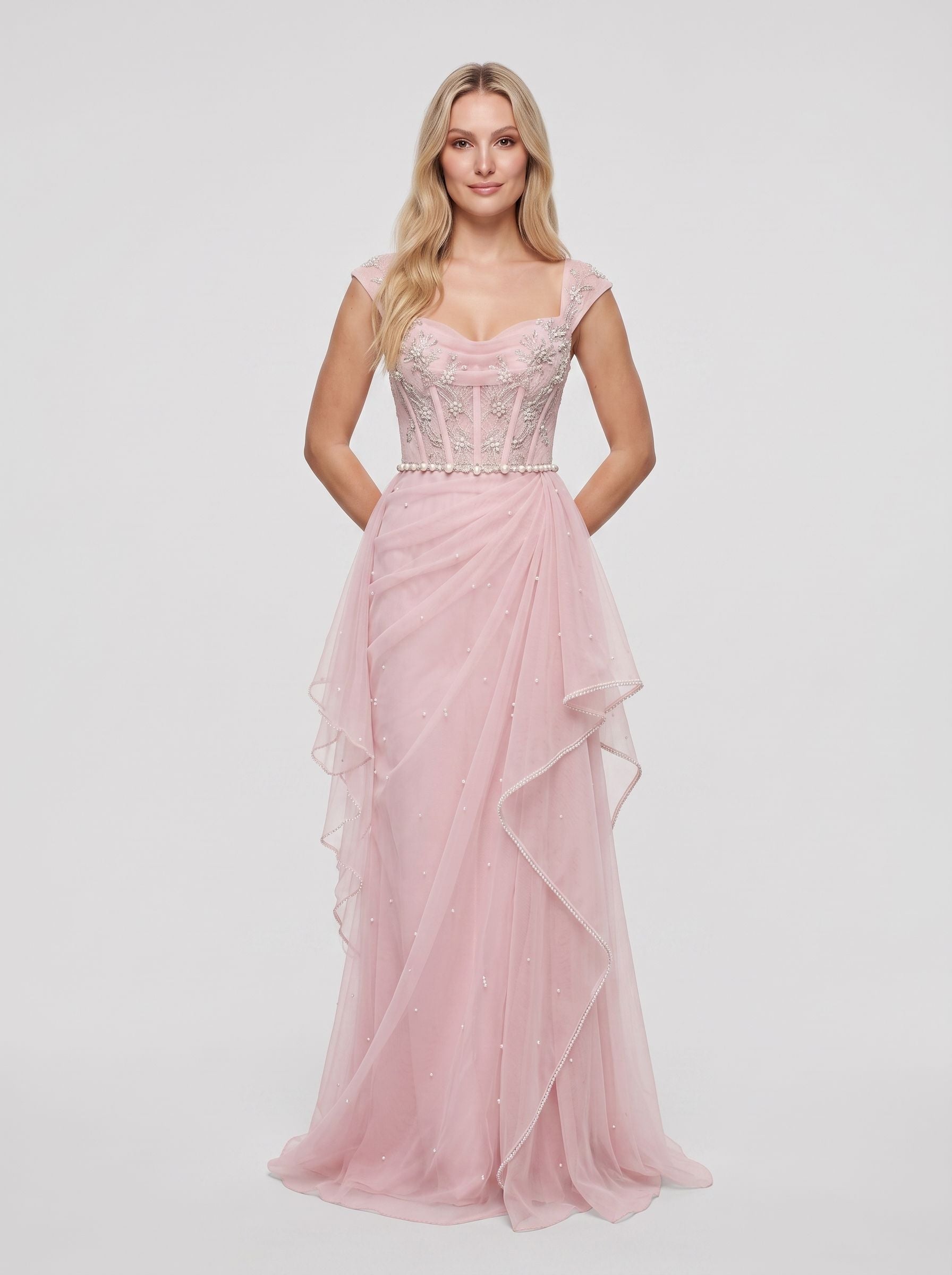 Blushing Pink Tulle A-Line Sweetheart Zipper Back Floor-Length Dress Front View - Jimiss