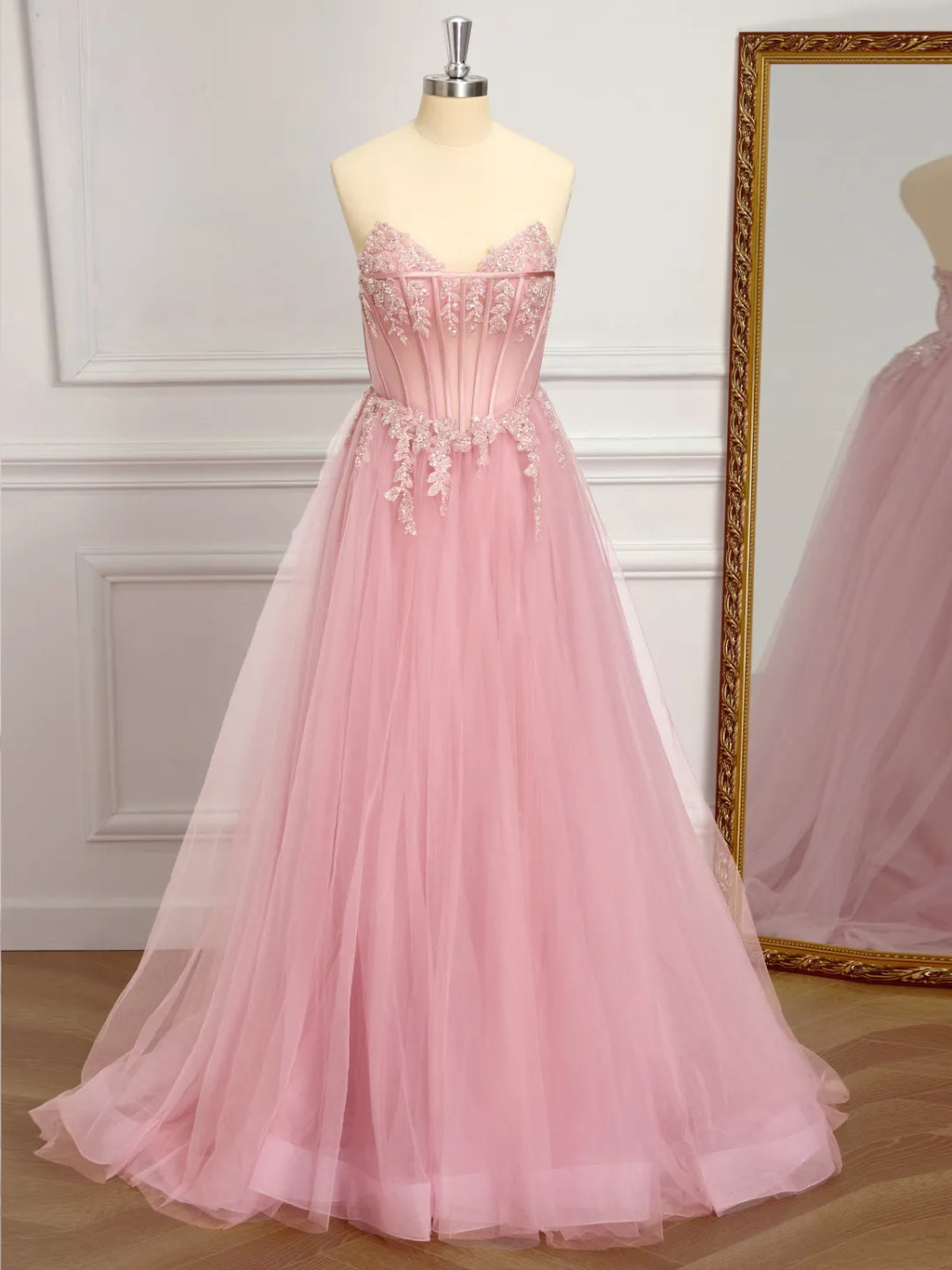 Blushing Pink Tulle a-line sweetheart zipper-back floor-length Dress - Jimiss