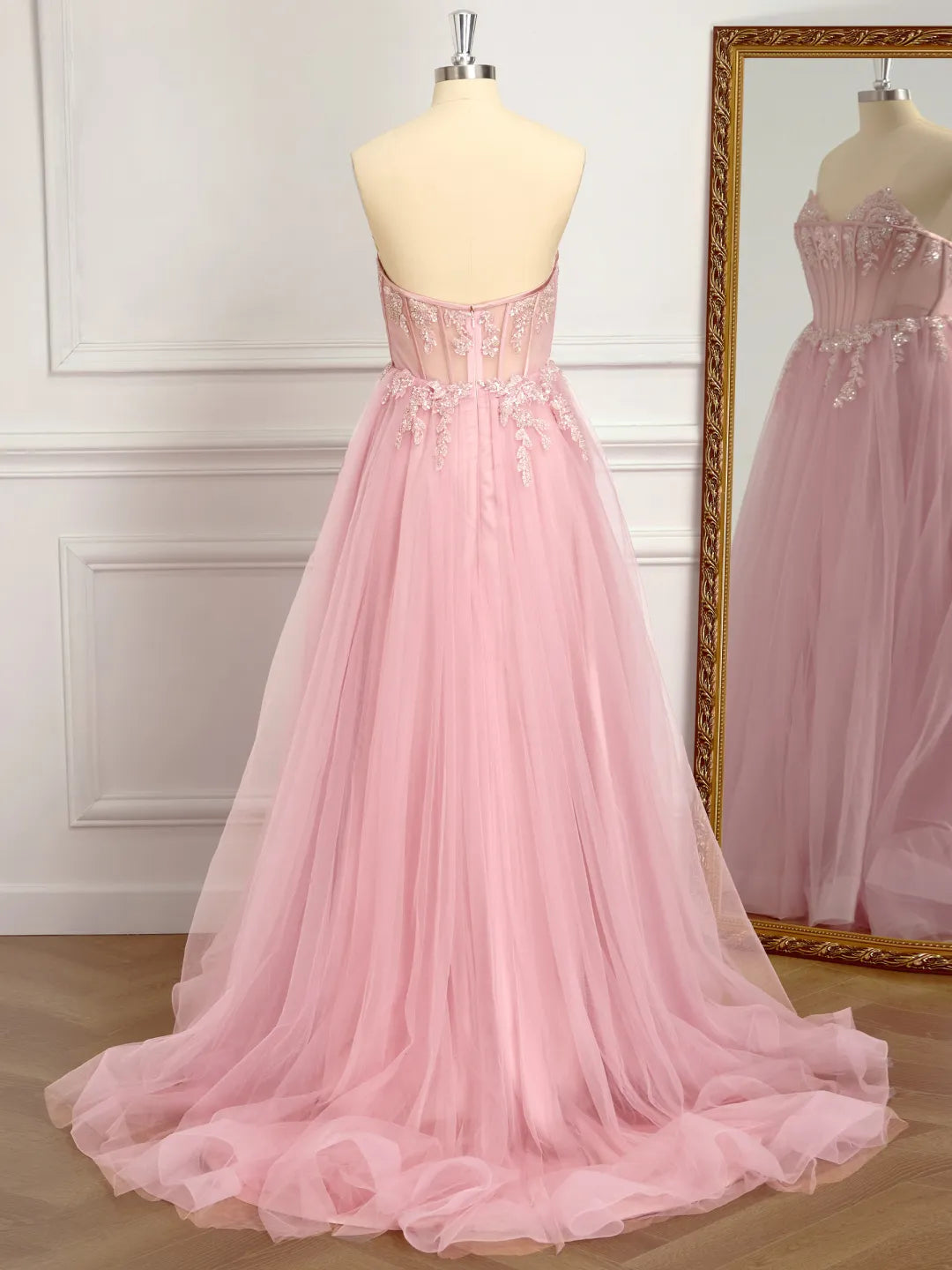 Blushing Pink Tulle a-line sweetheart zipper-back floor-length Dress - Jimiss