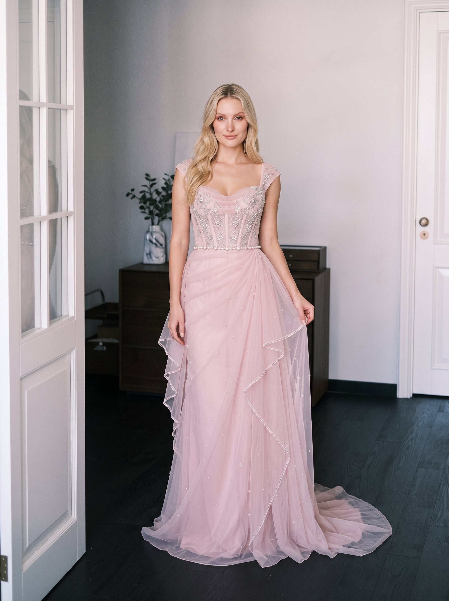 Blushing Pink Tulle A-Line Sweetheart Zipper Back Floor-Length Dress - Jimiss