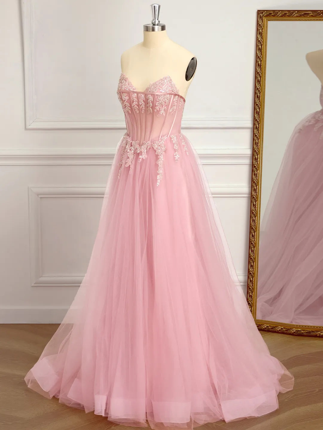 Blushing Pink Tulle a-line sweetheart zipper-back floor-length Dress - Jimiss