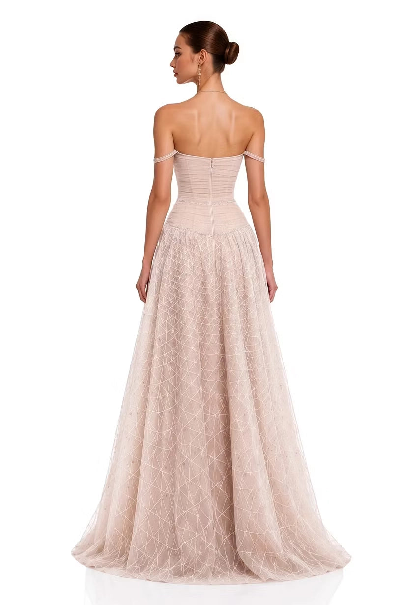 Blushing Pink Tulle & Mesh A-Line Straight Across Zipper Back Floor-Length Dress Back View - Jimiss