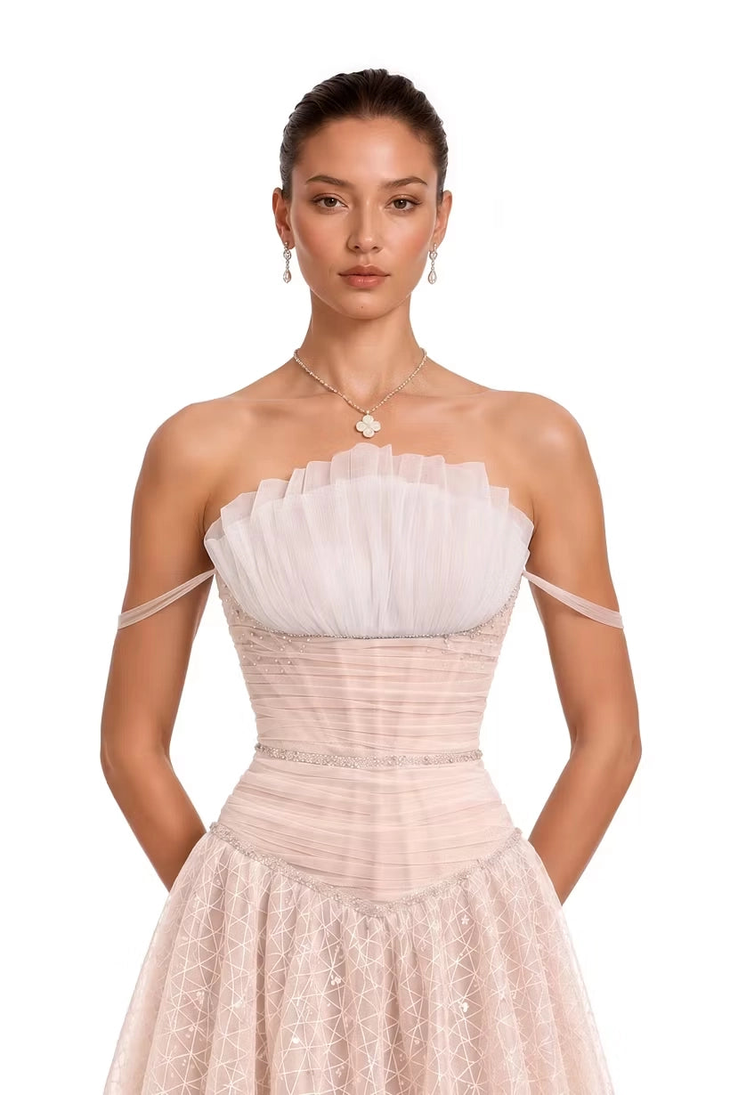 Blushing Pink Tulle & Mesh A-Line Straight Across Zipper Back Floor-Length Dress Detail - Jimiss