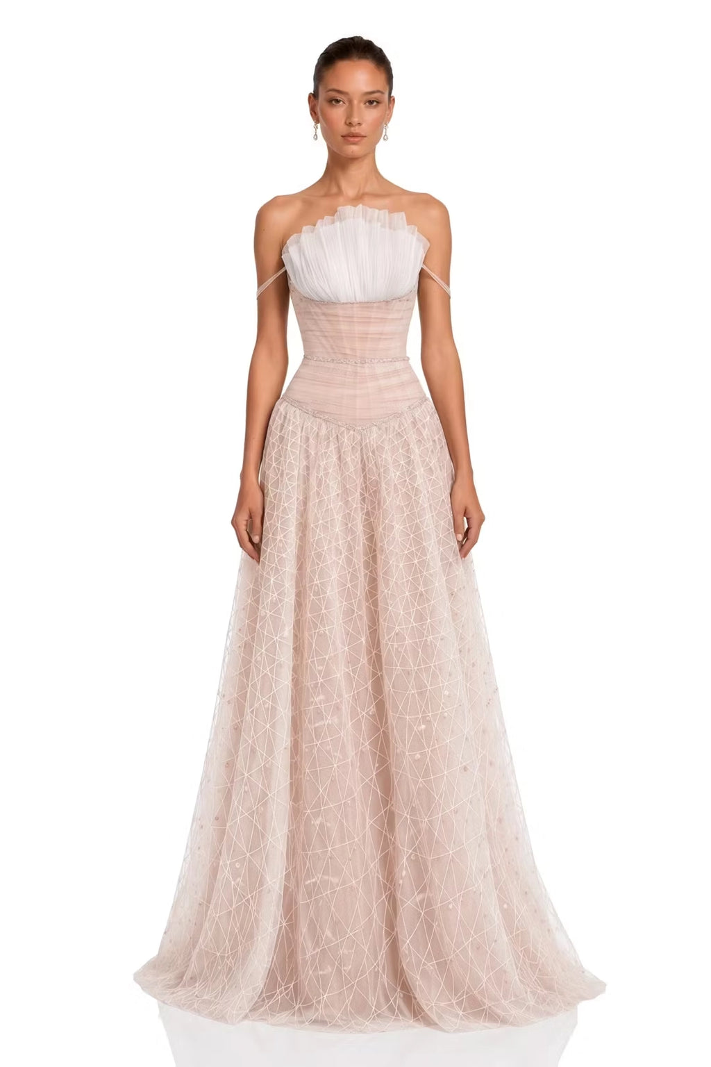 Blushing Pink Tulle & Mesh A-Line Straight Across Zipper Back Floor-Length Dress Front View - Jimiss