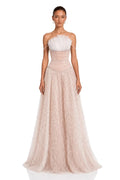 Blushing Pink Tulle & Mesh A-Line Straight Across Zipper Back Floor-Length Dress Front View - Jimiss