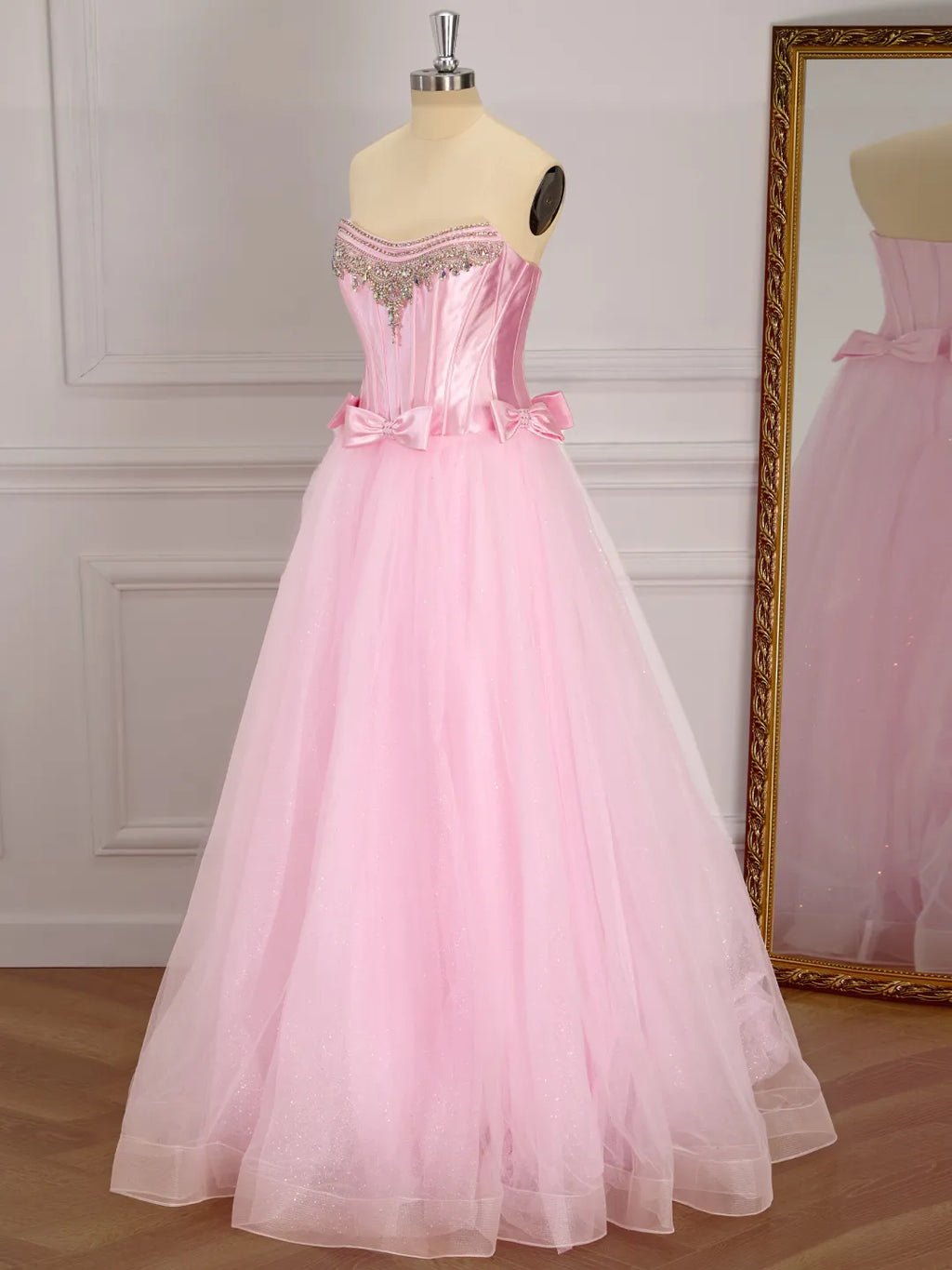 Blushing Pink Tulle & Satin ball-gown sweetheart zipper-back floor-length Dress - Jimiss