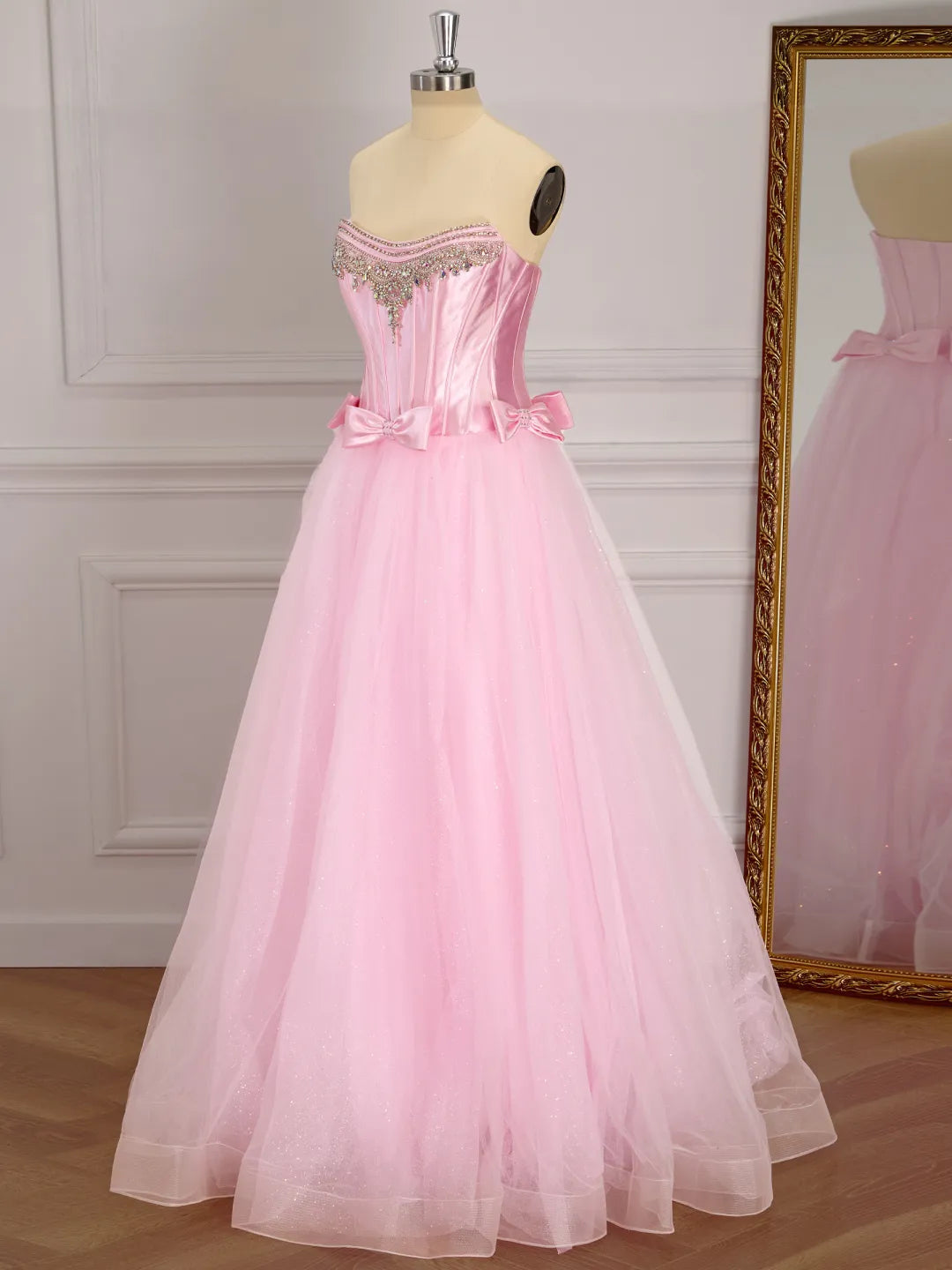 Blushing Pink Tulle & Satin ball-gown sweetheart zipper-back floor-length Dress - Jimiss