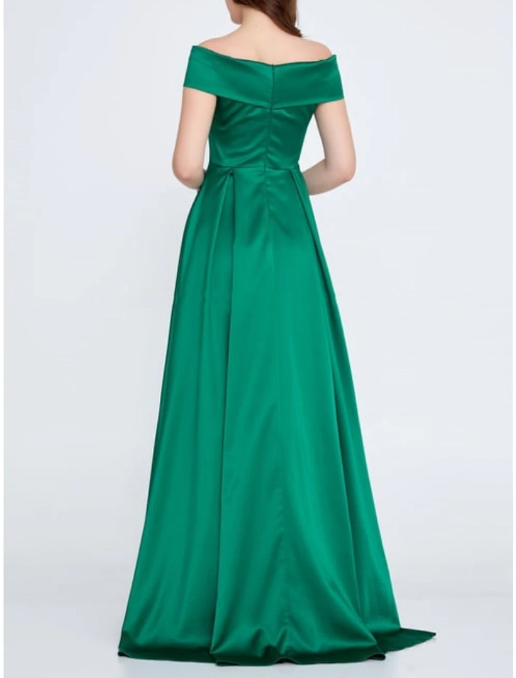 Emerald Satin A-Line Off-the-Shoulder Floor-Length Evening Dress
