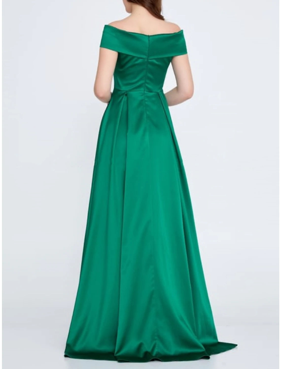 Emerald Satin A-Line Off-the-Shoulder Floor-Length Evening Dress