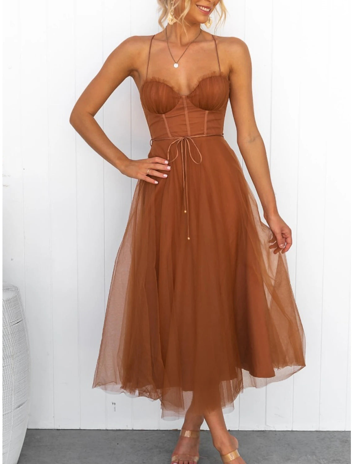 Women's Prom Dress Party Dress Homecoming Black Dress Corset Dress Long Dress Maxi Dress Black Pink Brown Sleeveless Pure Color Mesh Summer