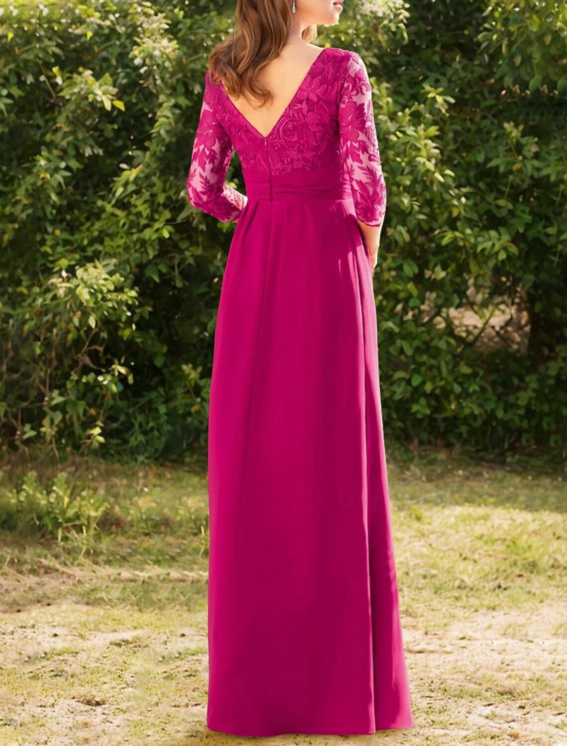 Abito da cerimonia per la madre della sposa, a trapezio, elegante, vintage, con scollo a V, lunghezza al pavimento, in pizzo, chiffon, maniche a 3/4 con pizzo