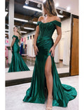 Emerald Satin Off-the-Shoulder Mermaid Floor-Length Boned Bodice Gown