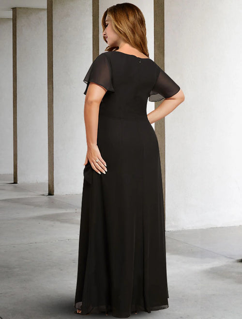 Vestido de novia de corte A, talla grande, con curvas, elegante, estilo capa, para invitada de boda, formal, largo hasta el suelo, sin mangas, cuello joya, de gasa con cristales fruncidos.