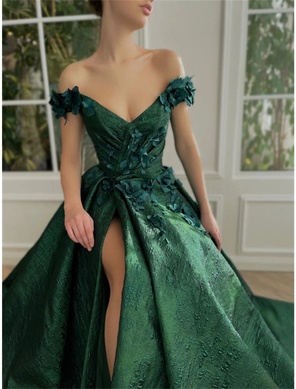 Vestidos de fiesta de corte A, vestido floral, para invitados de boda, fiesta de bodas, cola de corte, sin mangas, hombros descubiertos, satén con apliques de abertura