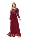 Burgundy Chiffon A-Line Floor-Length Evening Dress with Sequin Bodice