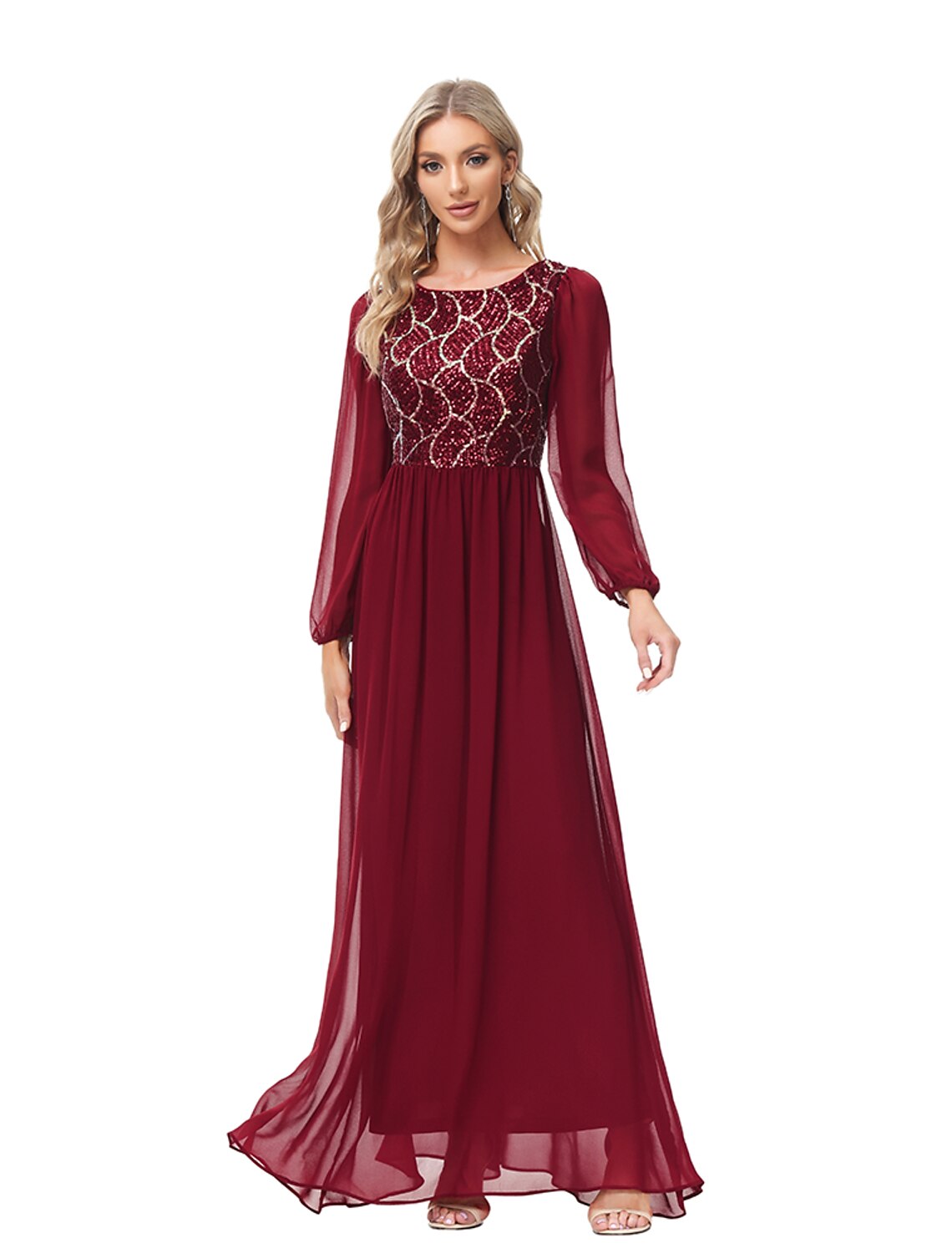 Burgundy Chiffon A-Line Floor-Length Evening Dress with Sequin Bodice