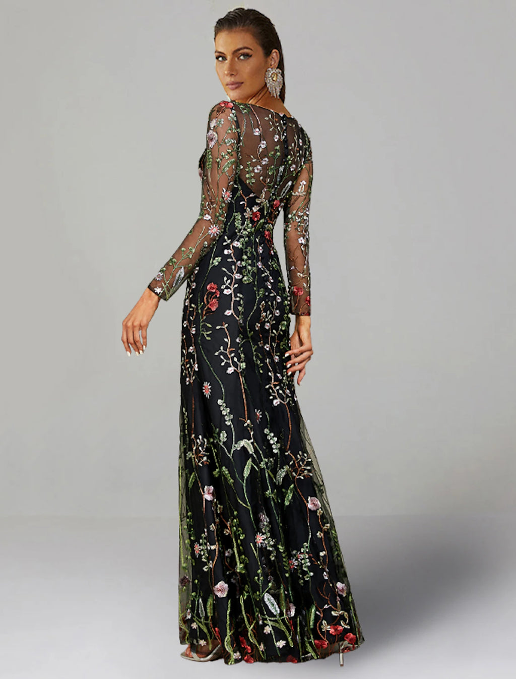 Black A-Line Floor-Length Gown with Sheer Floral Embroidery