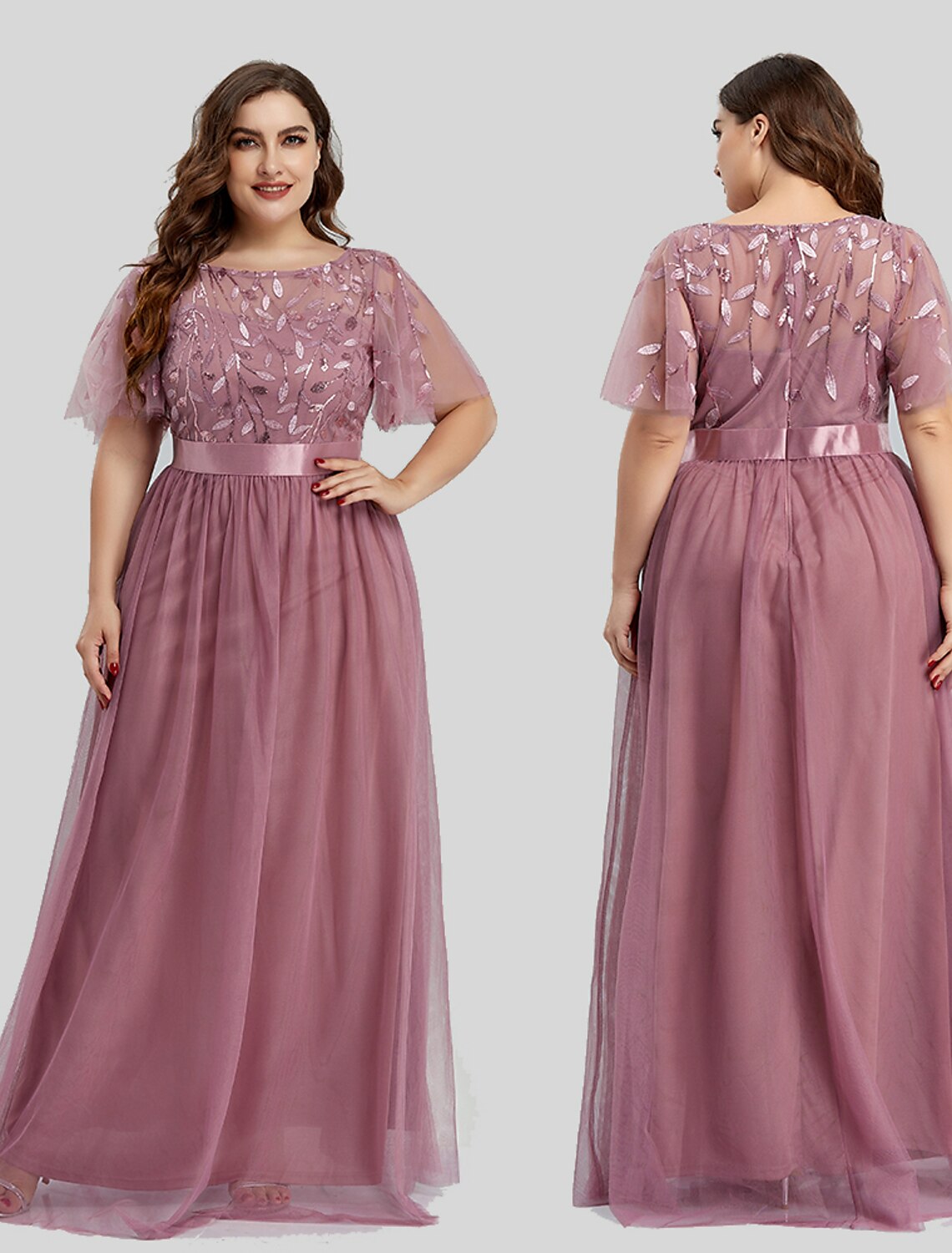 Abiti da ballo a trapezio, abiti floreali, abiti da ospite per matrimoni, abiti da damigella d'onore, lunghi fino al pavimento, maniche corte, scollo gioiello, tulle con ricami