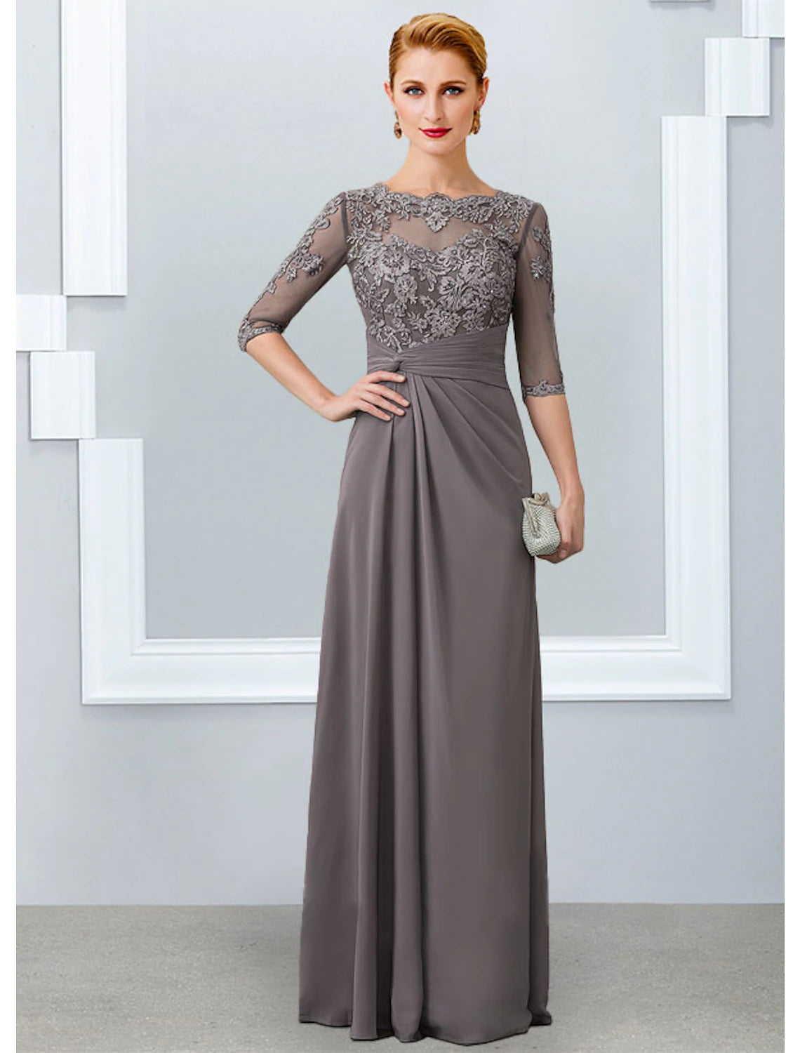 Grey Chiffon Lace A-Line Floor-Length Dress with Boat Neck, Lace Bodice & Draped Waist