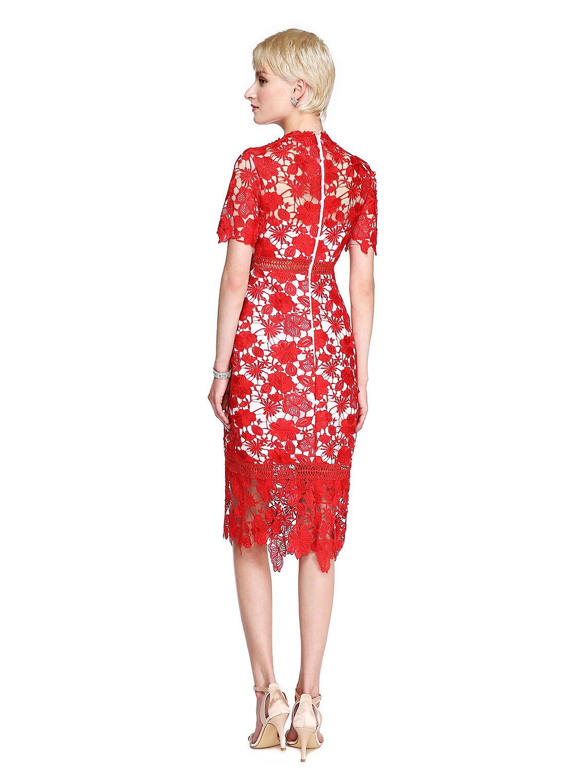 Abito da madre della sposa a tubino/colonna, trasparente, collo alto, lunghezza al ginocchio, pizzo, maniche corte, senza pizzo