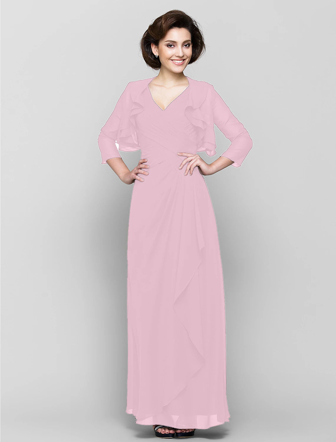 Abito da madre della sposa a tubino/colonna, abito convertibile, scollo a V, lunghezza pavimento, in chiffon, manica a 3/4 con volant a cascata incrociati