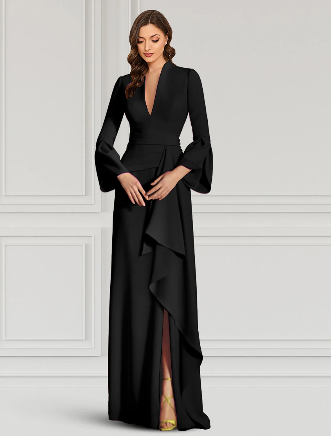 Mulberry Crepe A-Line Floor-Length Evening Dress with Plunging V-Neck and Bell Sleeves