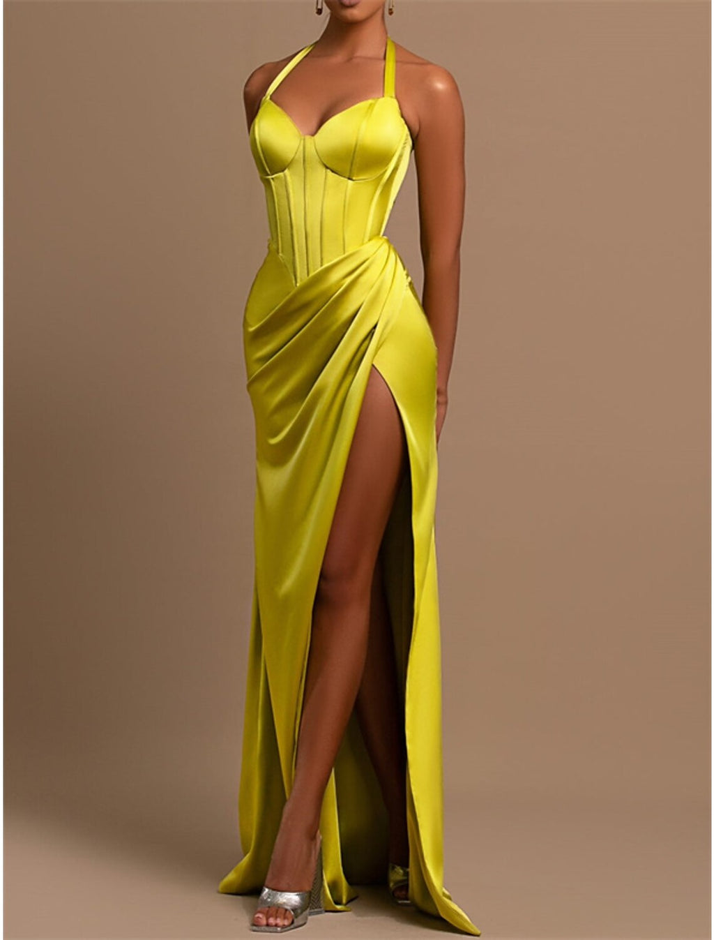 Lemon Satin Sheath/column Floor-Length Dress with Corset Bodice and High Slit
