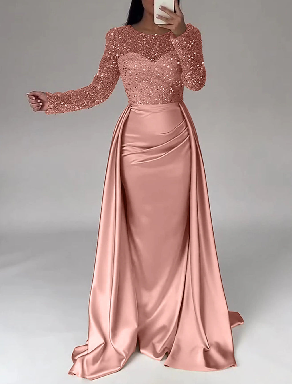 Ivory Satin Sheath/Column Gown with Illusion Sequin Sleeves