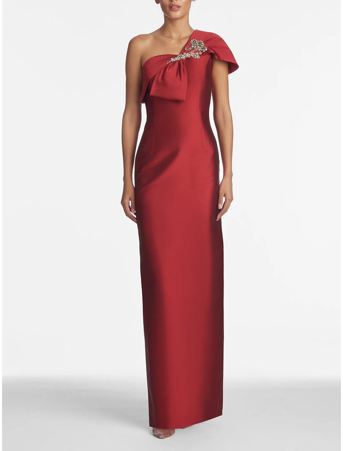 Sheath / Column Evening Gown Elegant Christmas Dress Formal Floor Length Sleeveless One Shoulder Satin with Crystals Shouder Flower