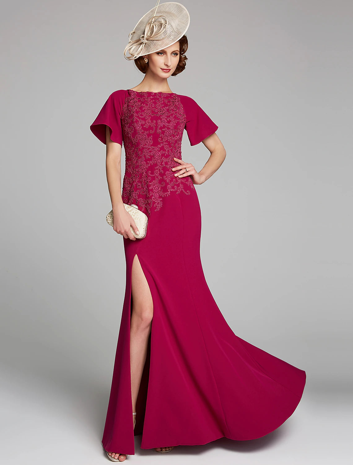 Vestido de sirena/trompeta para madre de la novia, cuello barco, largo hasta el suelo, de gasa, con encaje, manga corta y abertura frontal de encaje