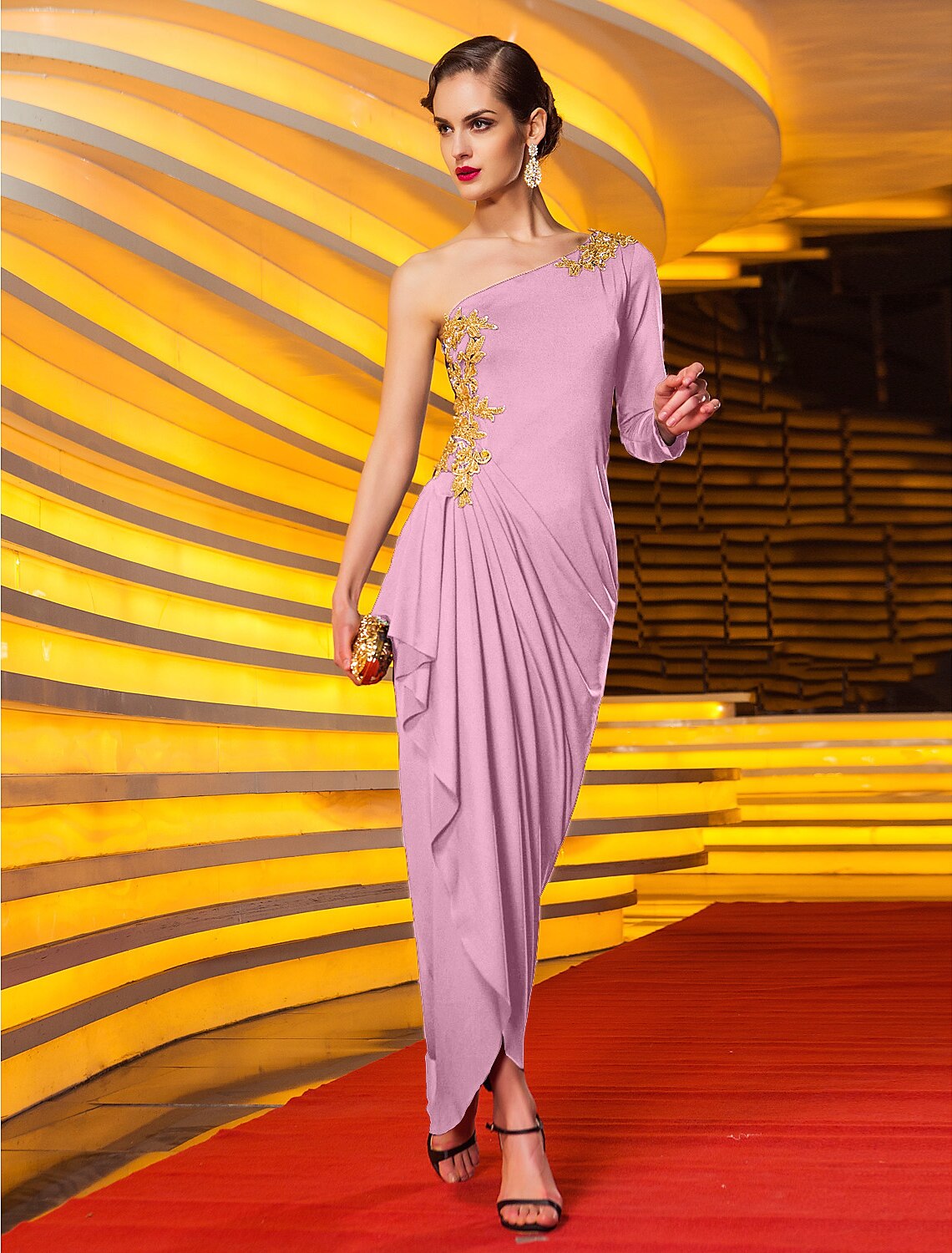 Abito da sera formale stile celebrità, a tubino, monospalla, manica lunga, lunghezza alla caviglia, in jersey con applicazioni drappeggiate di perline