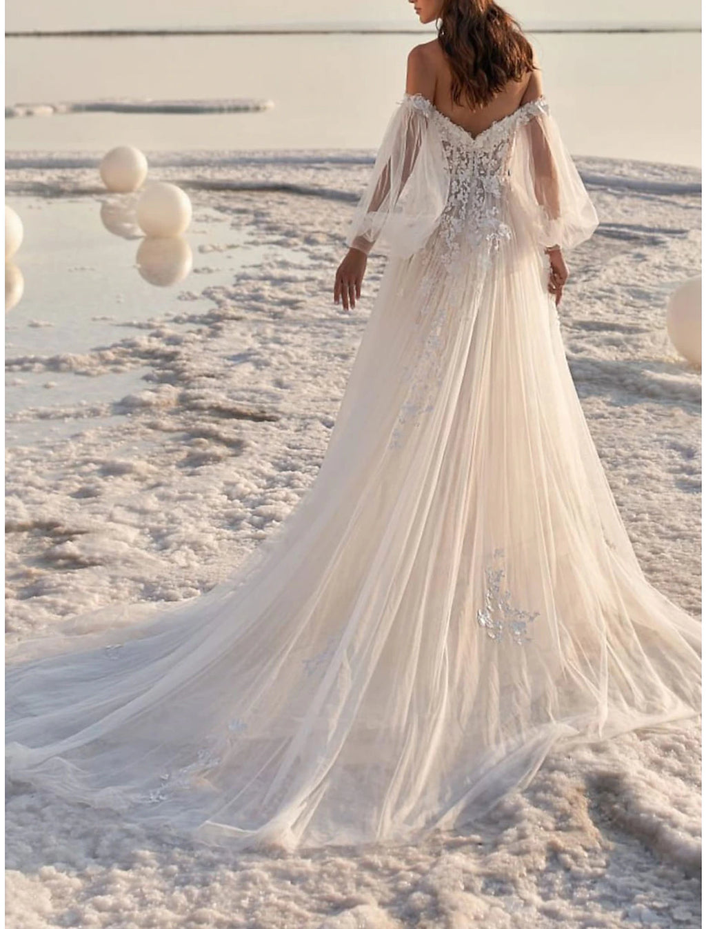 Vestidos de novia formales de playa, corte A, hombros descubiertos, manga larga, cola de corte, encaje, con apliques, para bodas de verano y otoño 2025, ropa de mujer