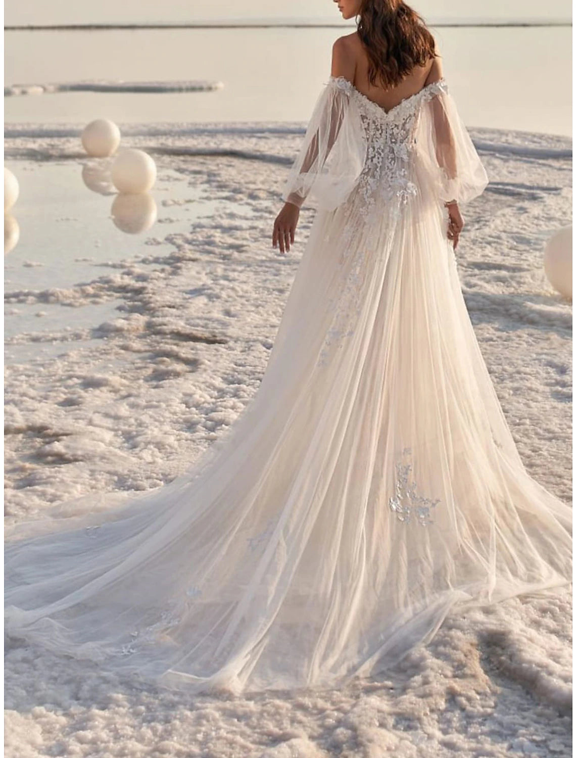 Vestidos de novia formales de playa, corte A, hombros descubiertos, manga larga, cola de corte, encaje, con apliques, para bodas de verano y otoño 2025, ropa de mujer