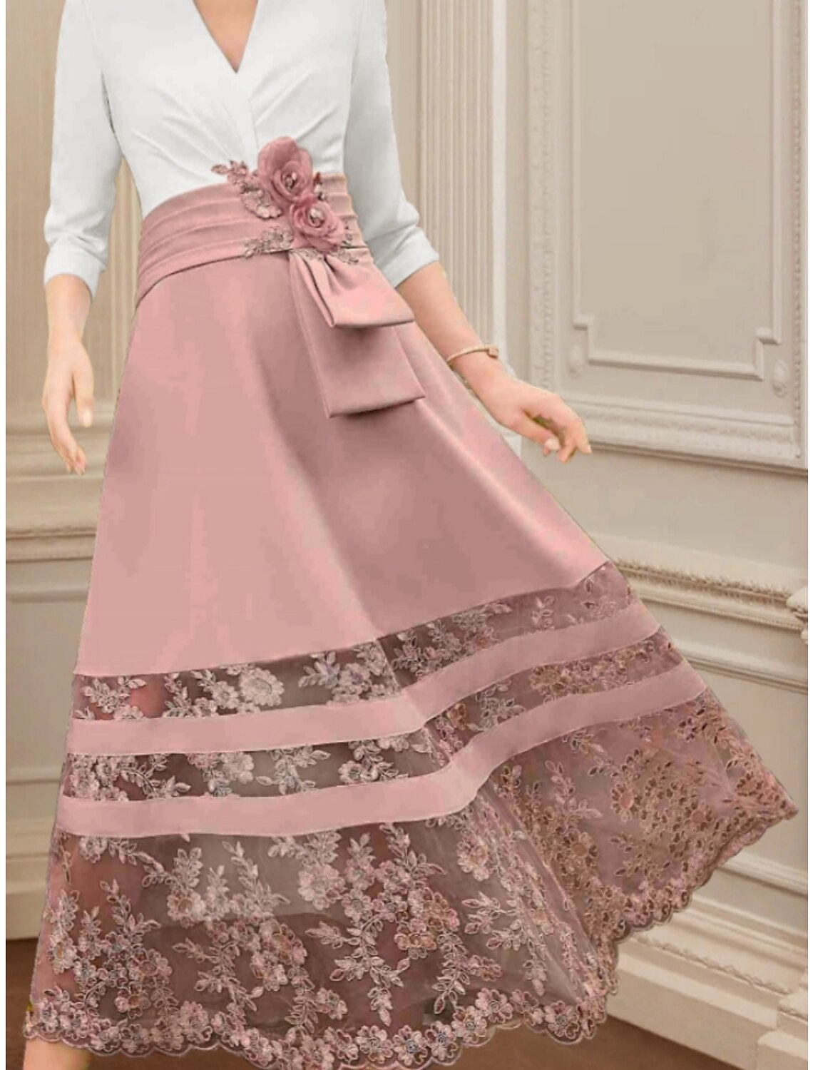 Abito da cerimonia per la madre della sposa, a trapezio, elegante, con scollo a V, lunghezza alla caviglia, in chiffon, maniche a 3/4, con arricciature in pizzo e fiori