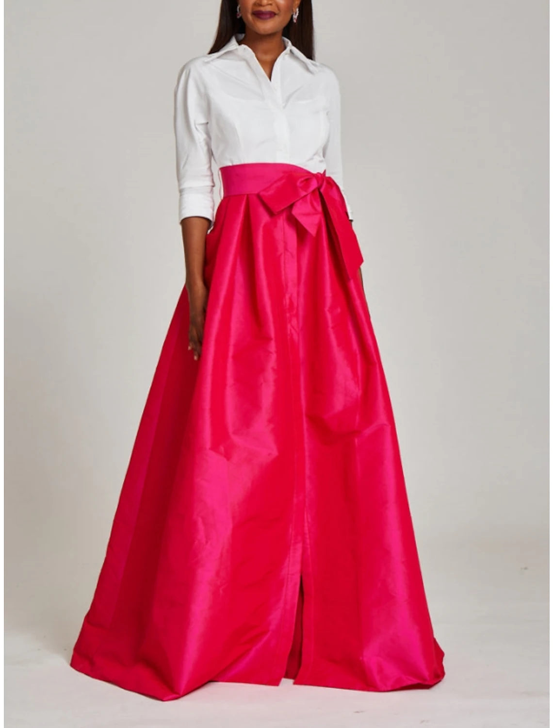 Abito da sera a trapezio, abito da festa, formale, da invitato a nozze, lunghezza al pavimento, manica a 3/4, colletto a camicia, raso con fiocco/i e pieghe