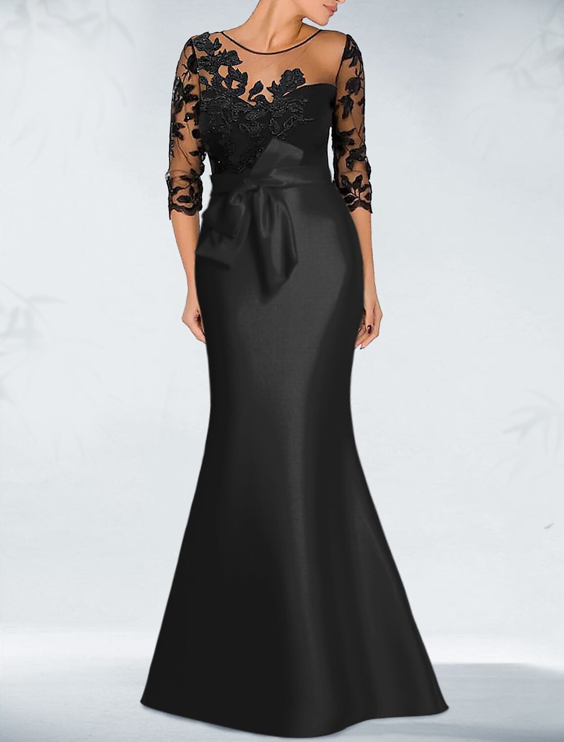 Mermaid Evening Gown Elegant Black Dress Wedding Guest Fall Floor Length 3/4 Length Sleeve Jewel Neck Satin with Bow(s) Beading Appliques 2025