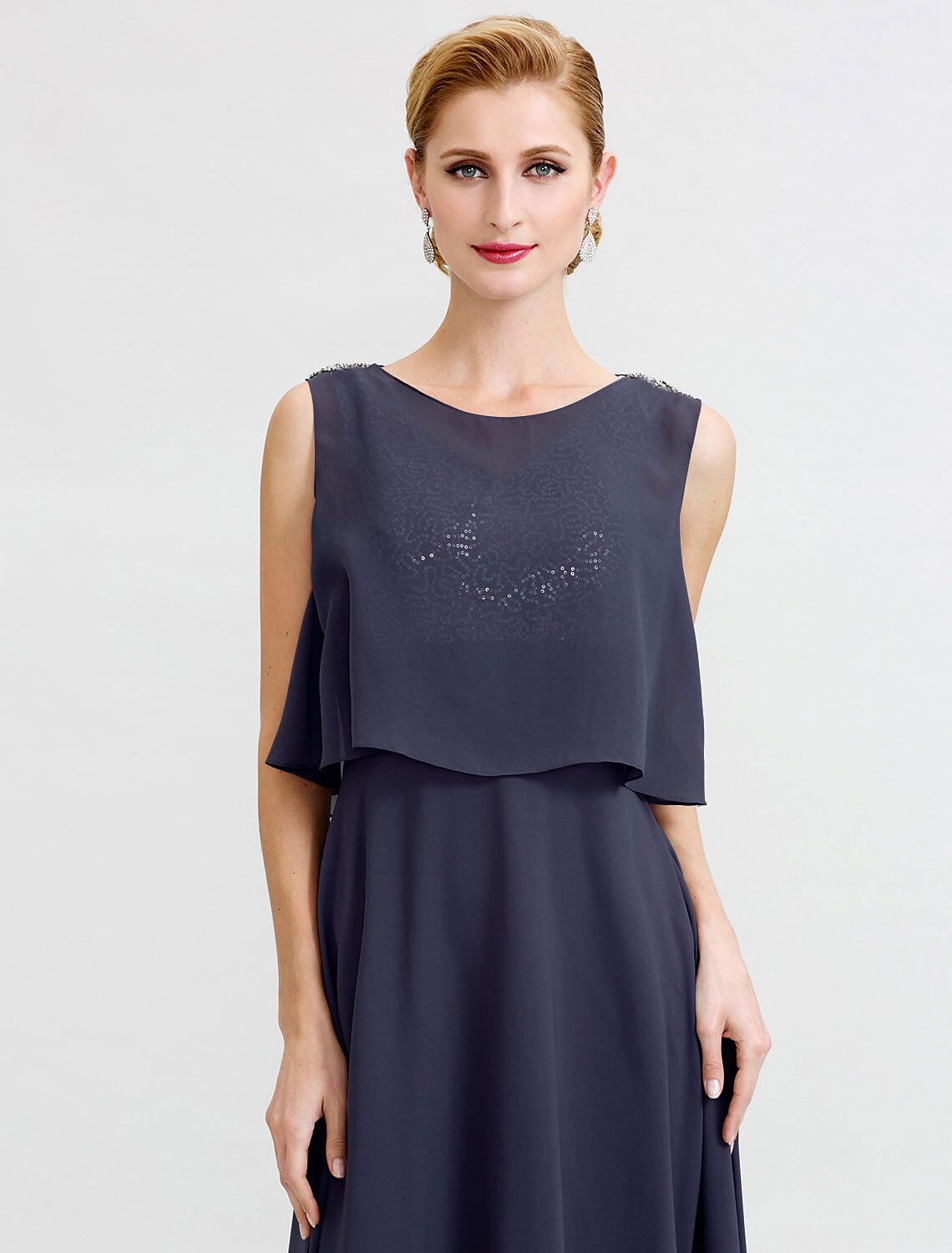 Abito da madre della sposa a trapezio, formale, con schiena scoperta, due pezzi, scollo gioiello, lunghezza alla caviglia, in chiffon con paillettes, senza maniche, con fasce/nastri e perline