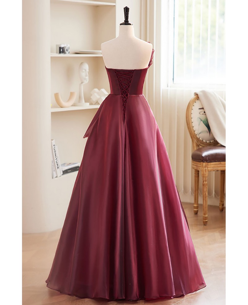 Charming and elegant wine red sleeveless off shoulder ball dress, wine red A-shaped princess strapless butterfly tie with backless strap and ground length prom dress