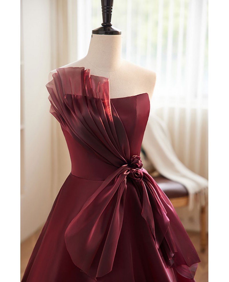 Charming and elegant wine red sleeveless off shoulder ball dress, wine red A-shaped princess strapless butterfly tie with backless strap and ground length prom dress